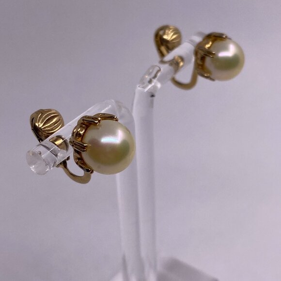Ciner Clip On Earrings 10K Yellow Gold Pre Owned Faux Pearl Prong Set Signed - Picture 3 of 12